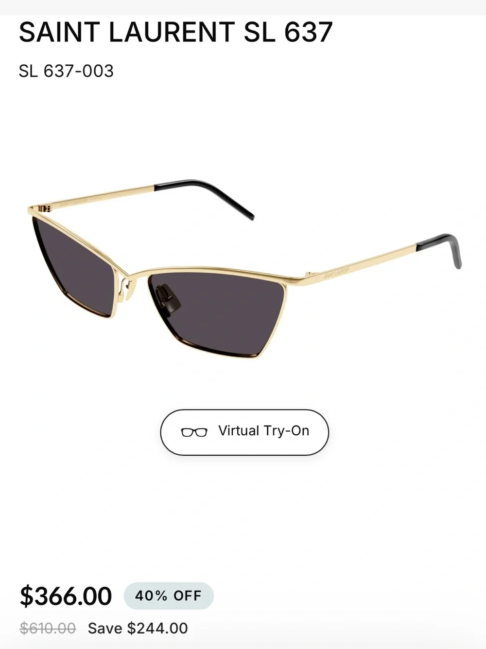 Yves Saint Laurent Gold Frame Black Lens Cat-Eye Sunglasses